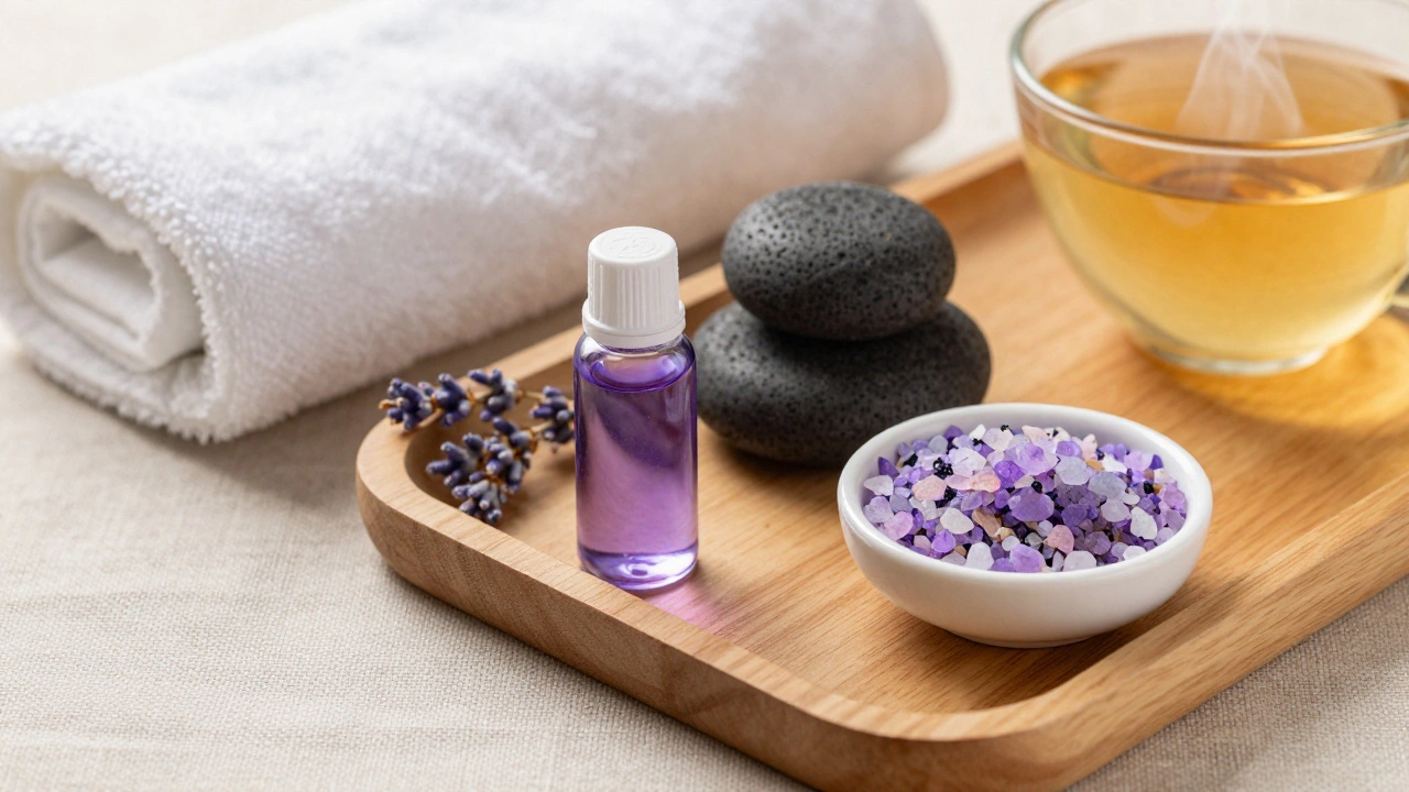 Plateau avec huiles essentielles, pierres volcaniques et sels de bain pour un soin de bien-être.