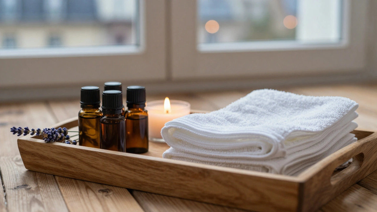 Plateau en bois avec huiles essentielles, serviettes propres et bougie allumée.