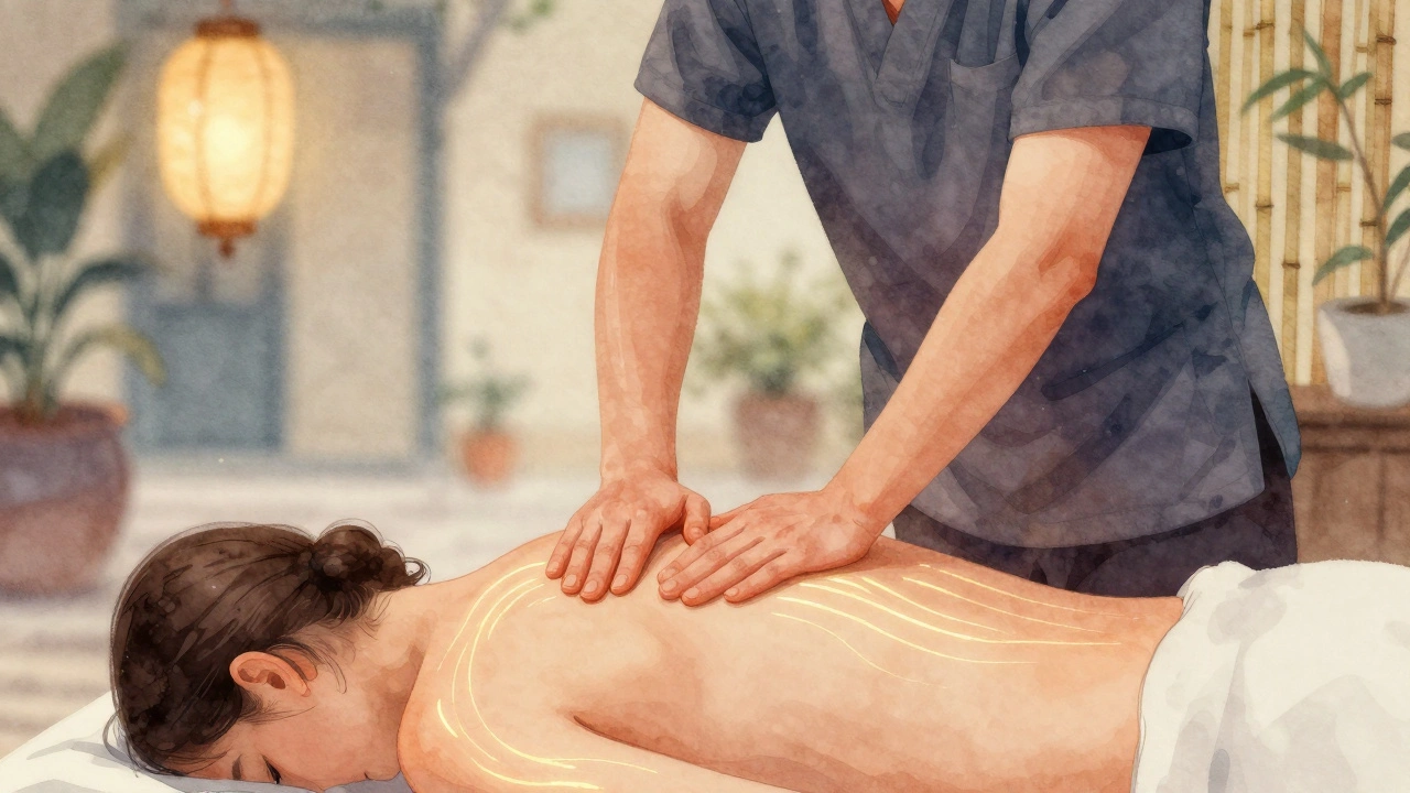 Praticien appliquant une pression avec les coudes sur le dos d&#039;un client, avec des lignes énergétiques subtilement visibles.