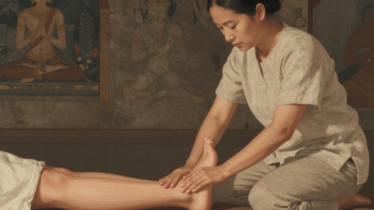 Praticien applique une pression des pouces sur le pied pour stimuler les lignes énergétiques, dans une ambiance calme et naturelle.