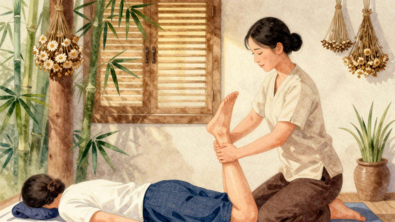 Praticien effectue un étirement doux lors d'un massage thaï, dans un espace naturel et calme.