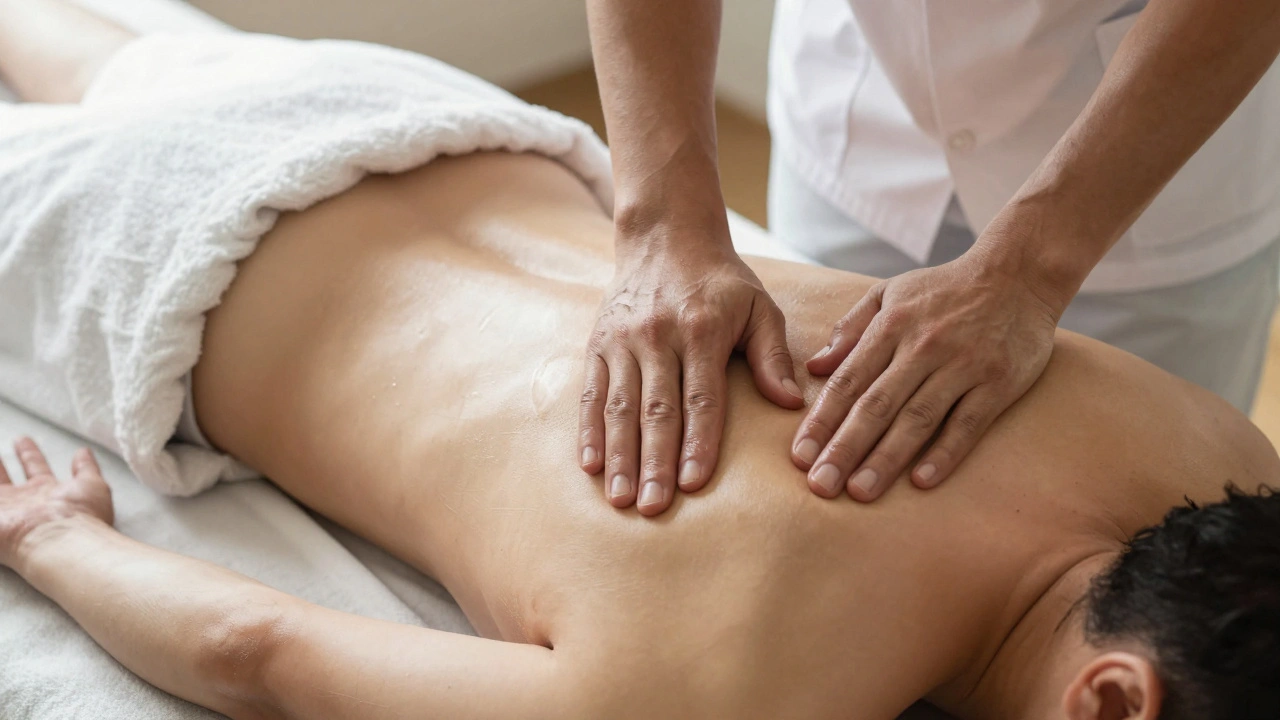 Praticien masse le dos d’un client allongé sur une natte, vêtu de coton, avec des pressions profondes.