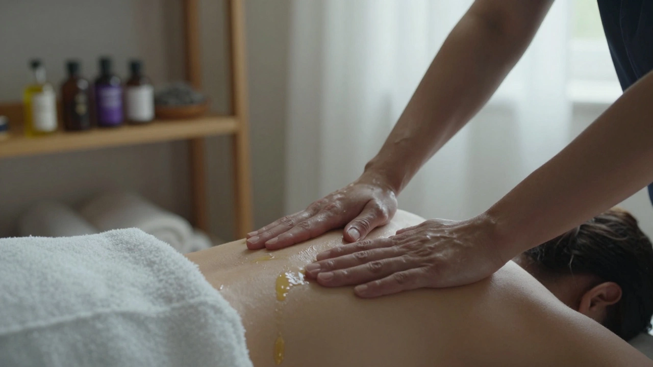 Praticienne massant doucement les épaules d&#039;un client sous un drap, mains en mouvement fluide.