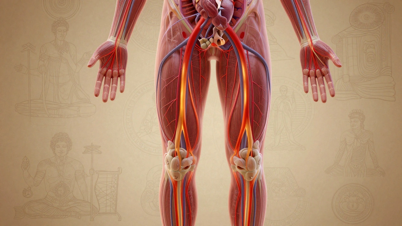 Schéma artistique du flux sanguin et lymphatique stimulé par un massage, avec des courbes lumineuses vers le cœur.