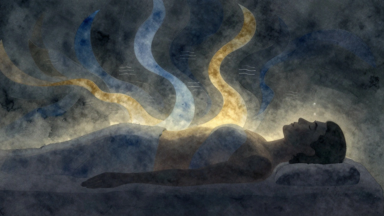 Silhouette apaisée avec des vagues de lumière représentant la détente émotionnelle.