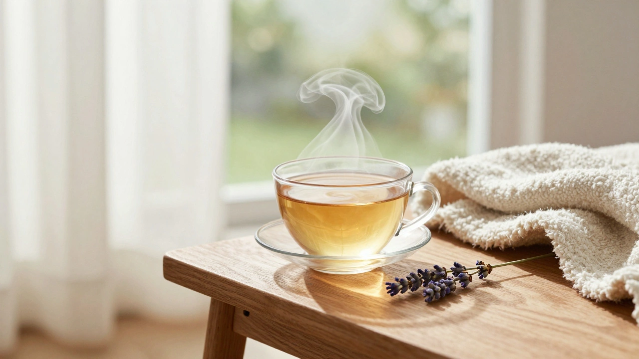 Tasse de tisane chaude sur une table en bois, avec une branche de lavande et lumière matinale.