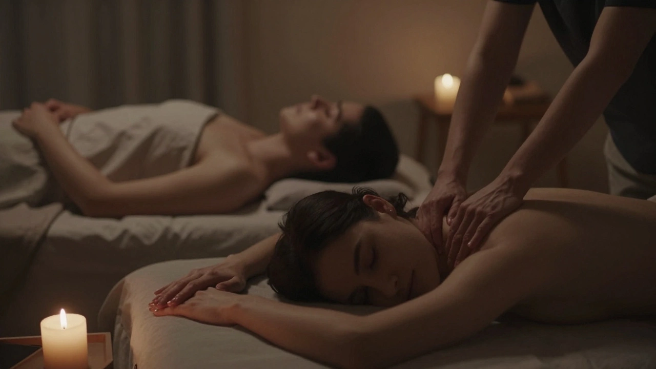 Un couple reçoit simultanément un massage en silence, dans une chambre apaisante.