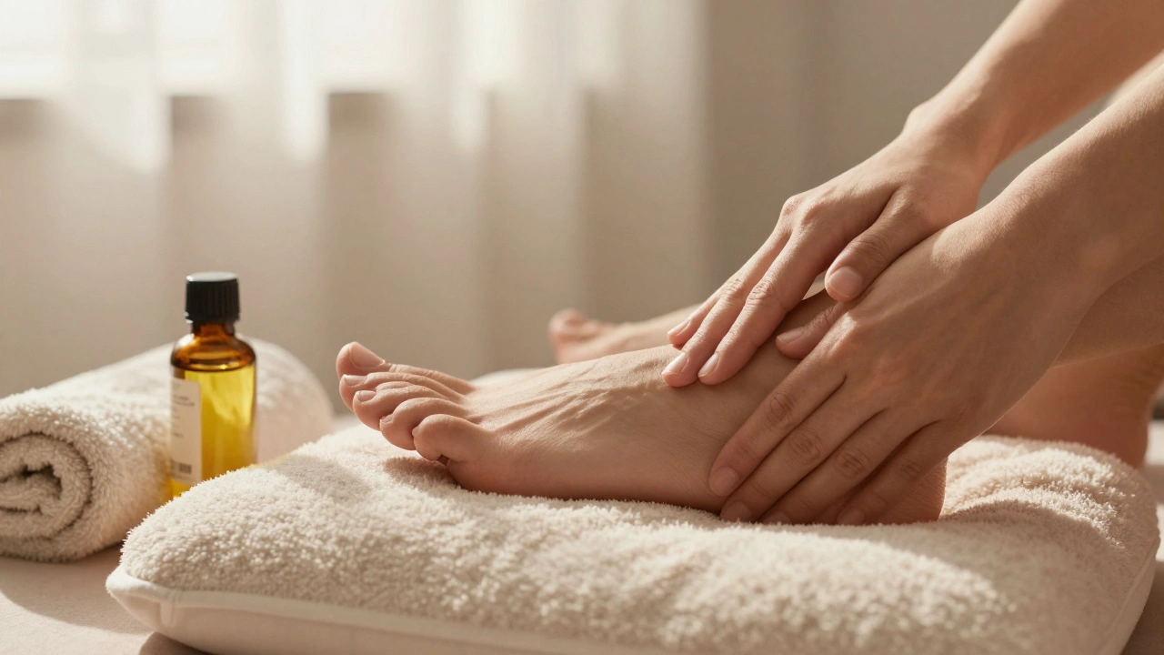 Un pied nu posé sur un coussin, en train d&#039;être doucement massé par des doigts attentifs.