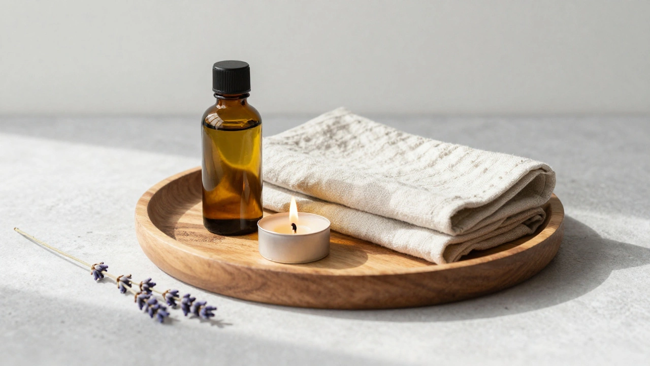 Bouteille d'huile, serviette et bougie allumée sur un plateau en bois, composition sobre et calme.