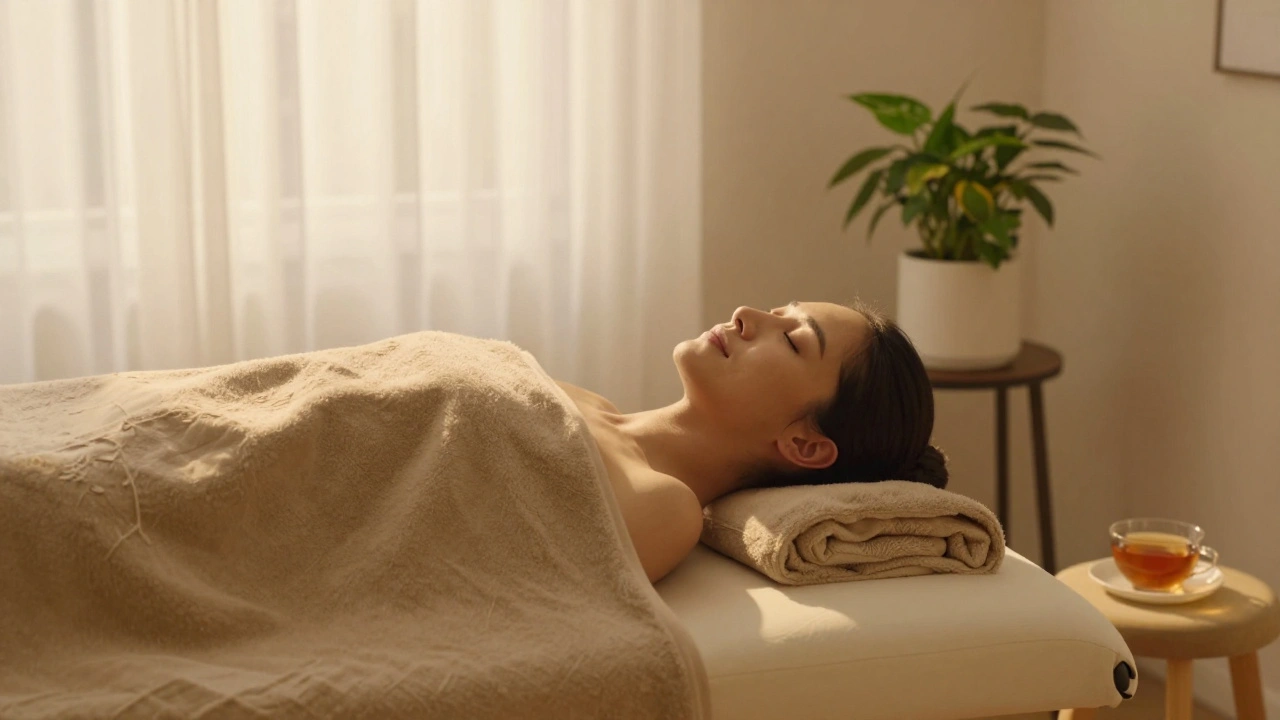 Client allongé, les yeux fermés, recouvert d'une couverture chaude, sourire paisible dans une pièce apaisante.