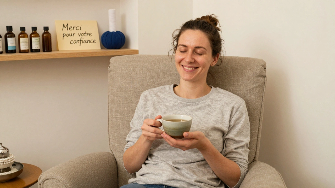 Client souriant après un massage, tenant une tasse de thé dans un salon calme à Paris.