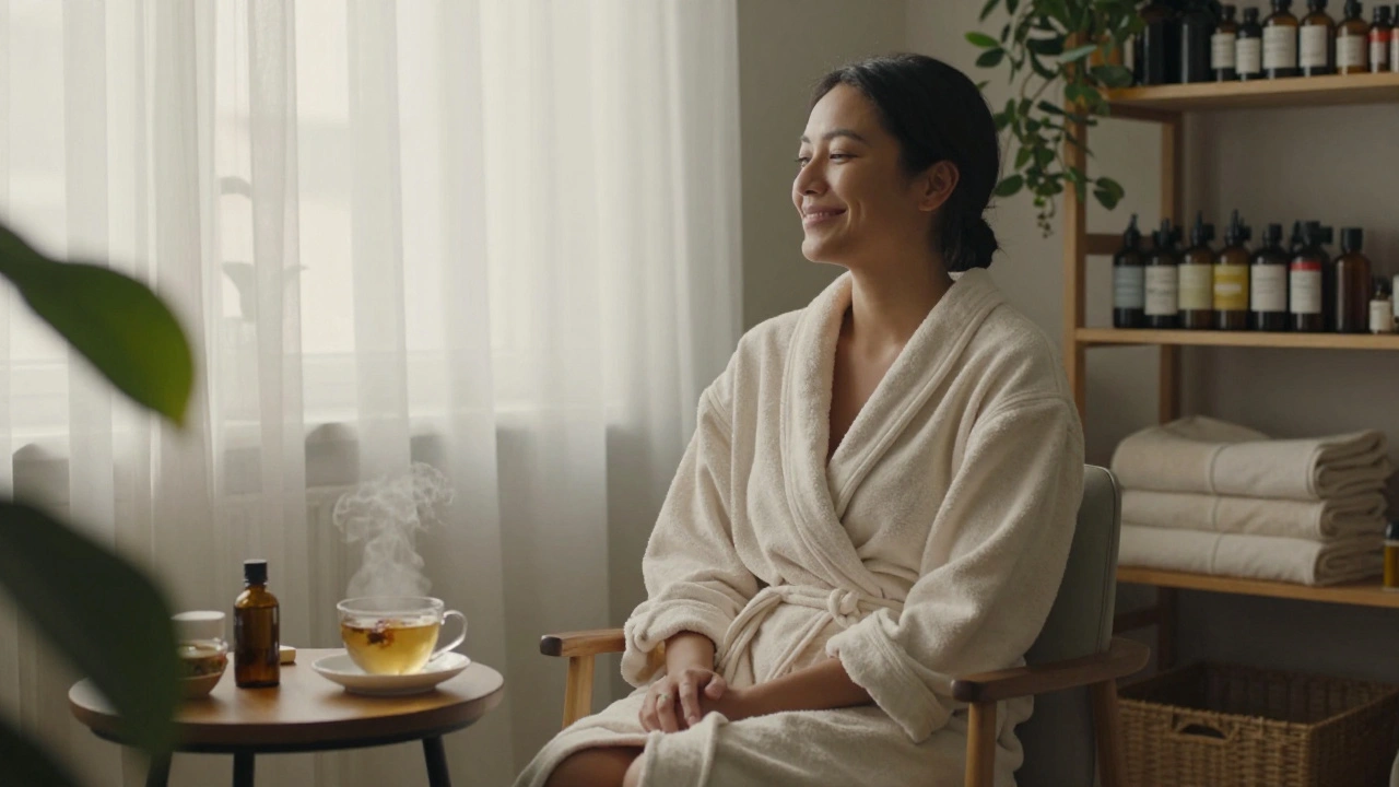 Client souriant après une séance, en robe de chambre, tenant une tisane