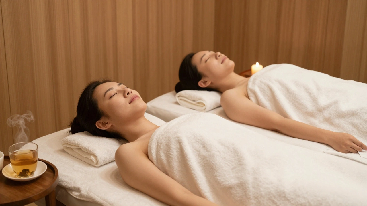 Couple allongé côte à côte en massage, yeux fermés, dans une chambre douillette avec une bougie et une tisane.