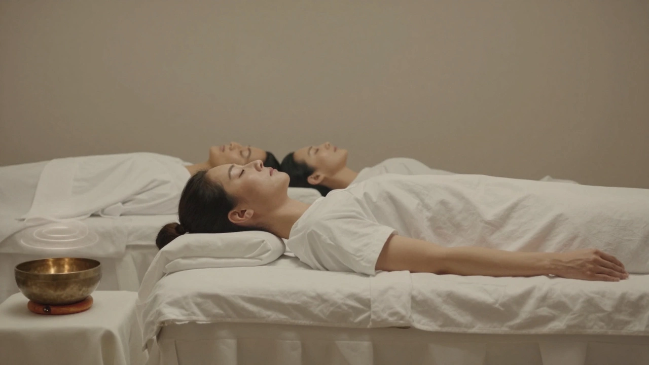 Couple allongé sur deux lits côte à côte, yeux fermés, dans une salle douce et silencieuse, sans aucun élément visuel distrayant.