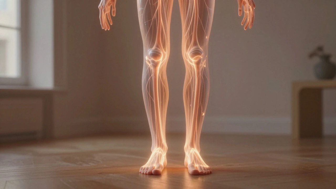 Des voies lymphatiques lumineuses s'écoulent du bas du corps vers le cou, dans une ambiance apaisante et abstraite.