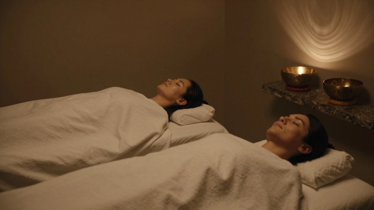 Deux personnes allongées côte à côte en silence dans un salon de massage, un bol tibétain en arrière-plan.