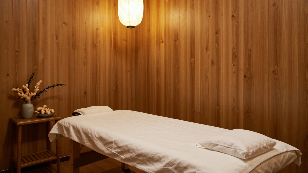 Intérieur calme d'un salon de massage chinois à Paris avec bois naturel et lumières douces.