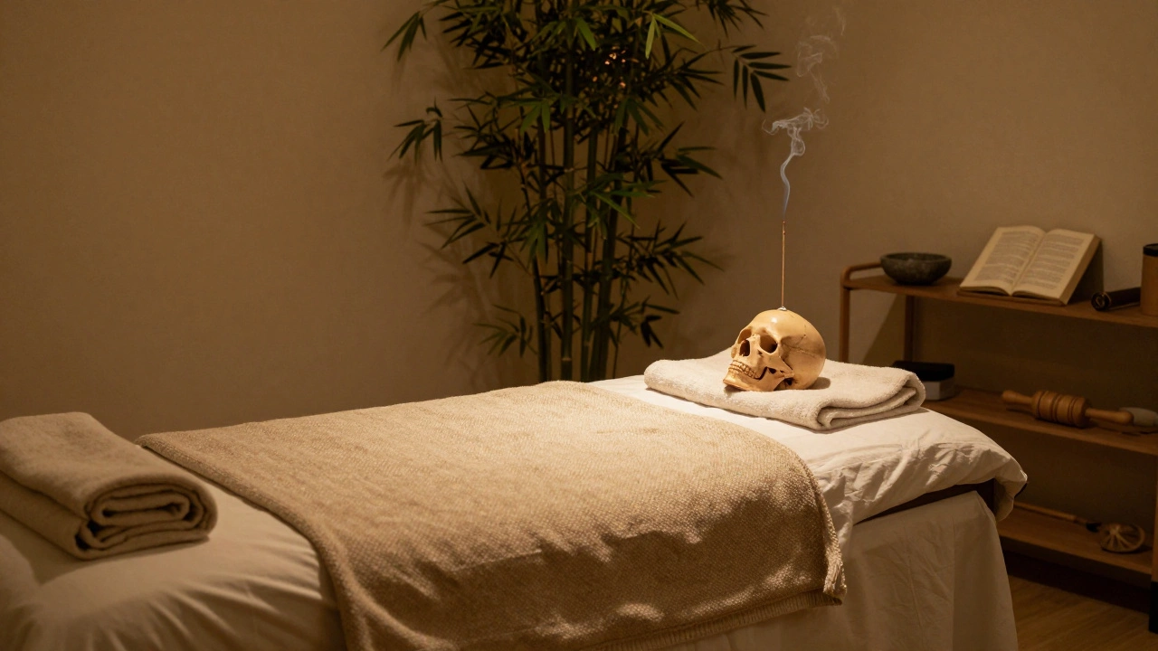 Intérieur calme d'un salon de massage crânien avec lumière tamisée et plantes.