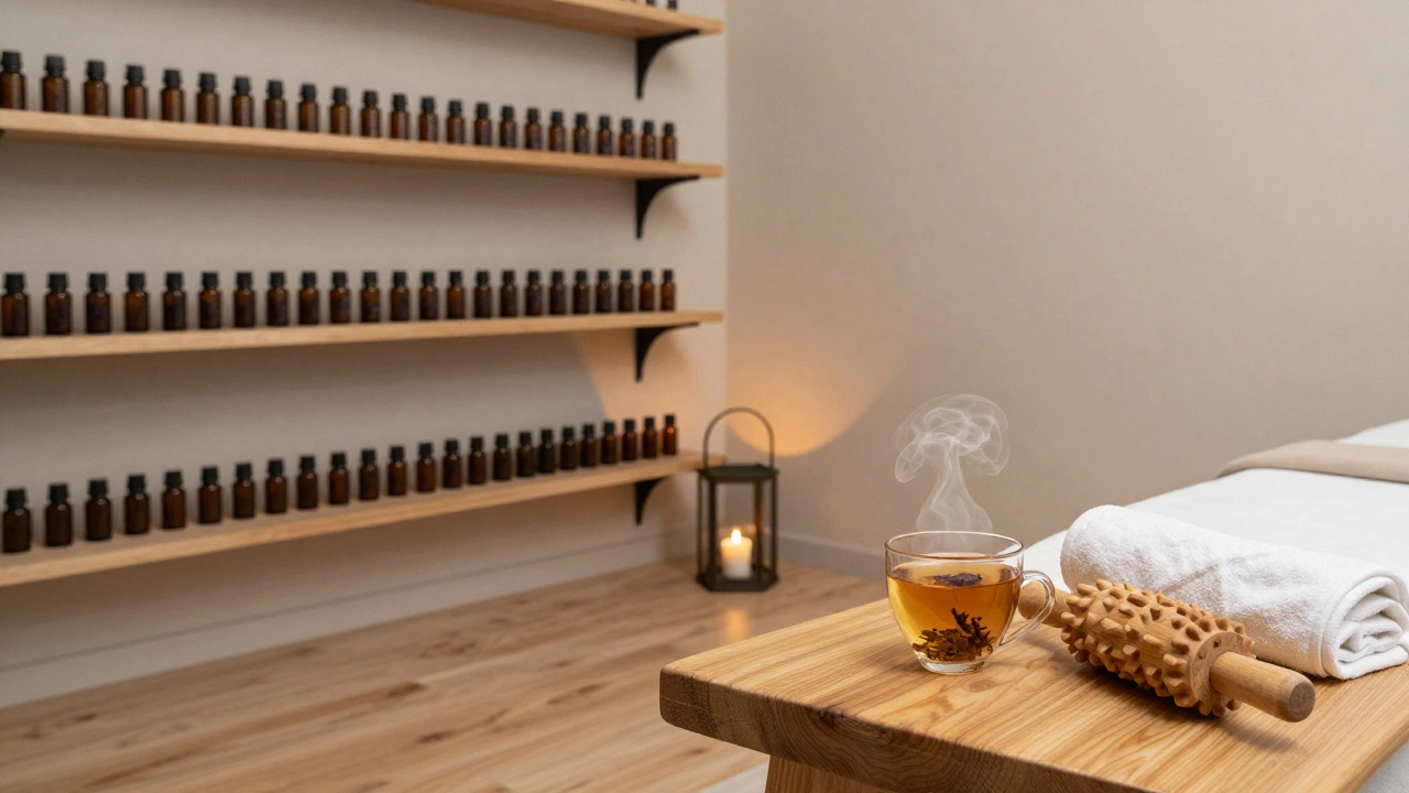 Intérieur d'un salon de massage à Paris 15 avec huiles naturelles, bougies et objet en bois, ambiance apaisante.