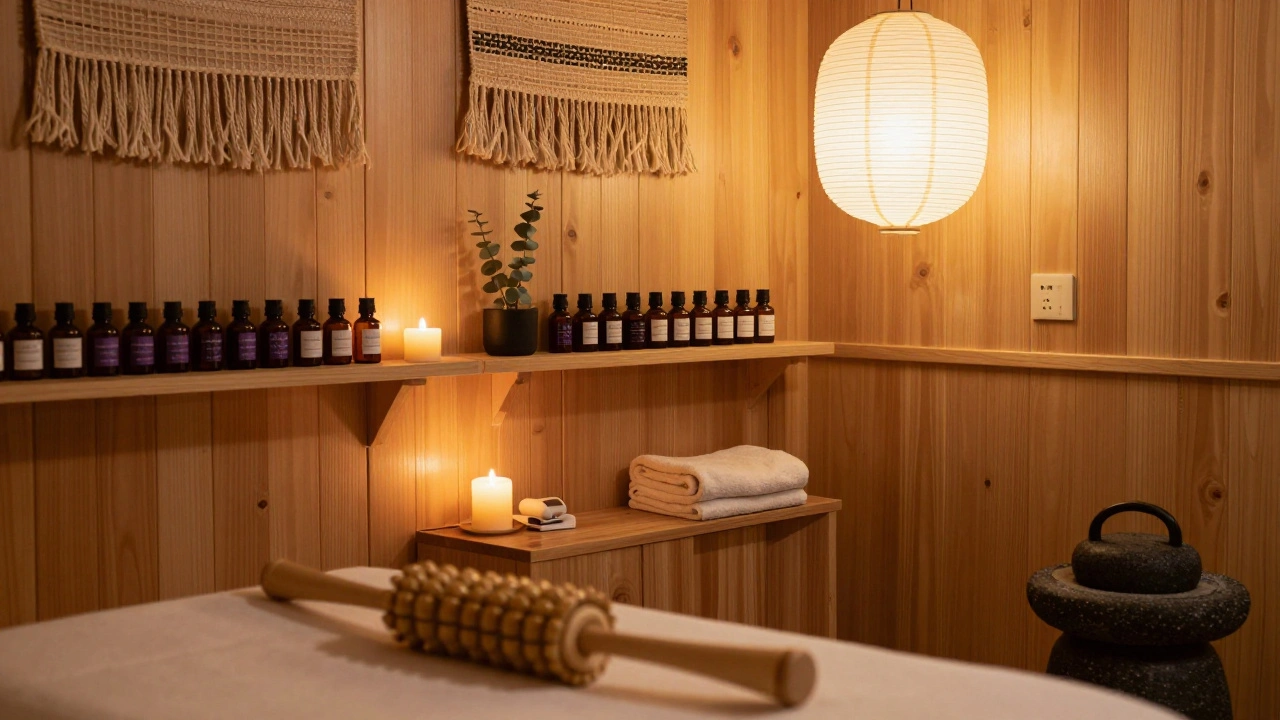 Intérieur d'un salon de massage parisien en bois, avec huiles essentielles, bougies et lumière tamisée.