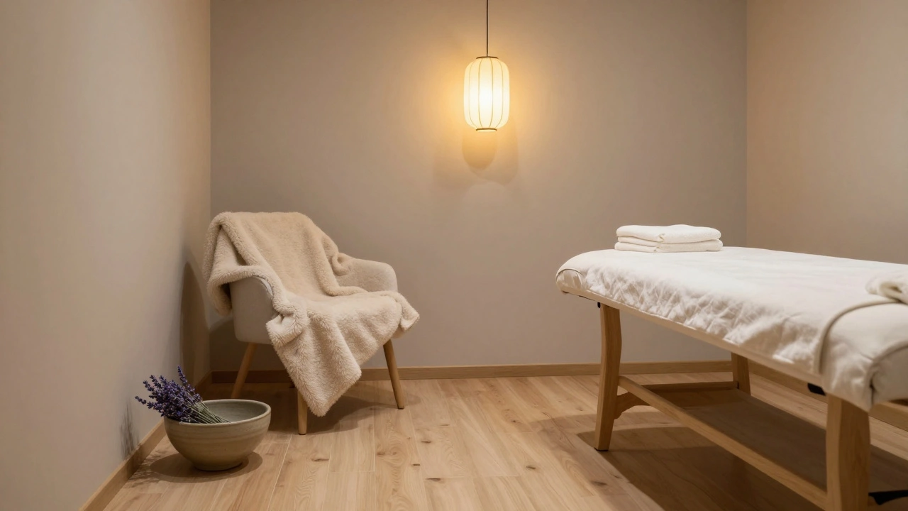Intérieur minimaliste d’un espace de massage : bois clair, bougie, plante, calme et sérénité.