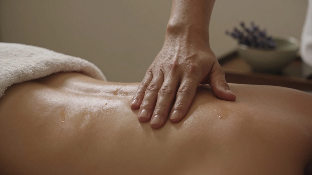 Main appliquant une pression douce sur le haut du dos avec des huiles naturelles.