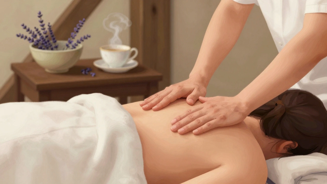 Main de praticien massant doucement l'épaule d'une personne recouverte d'un drap, dans un cadre calme et chaleureux.