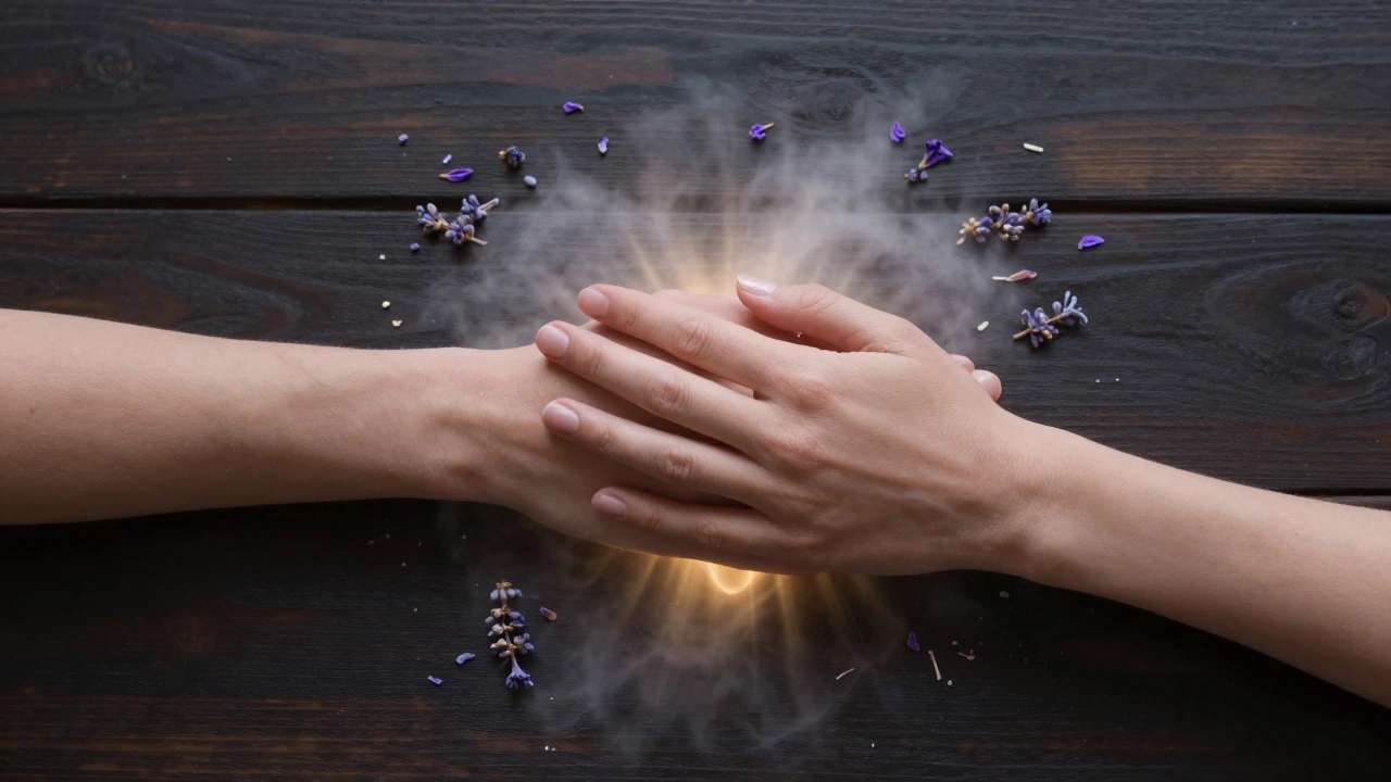 Main posée sur le cœur, avec des pétales de lavande flottants, symbole de guérison émotionnelle.