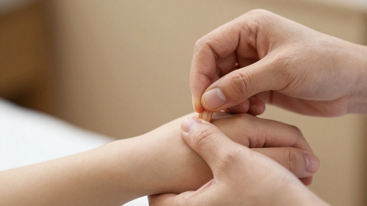 Mains appliquant une pression précise sur un point d'acupuncture entre le pouce et l'index.