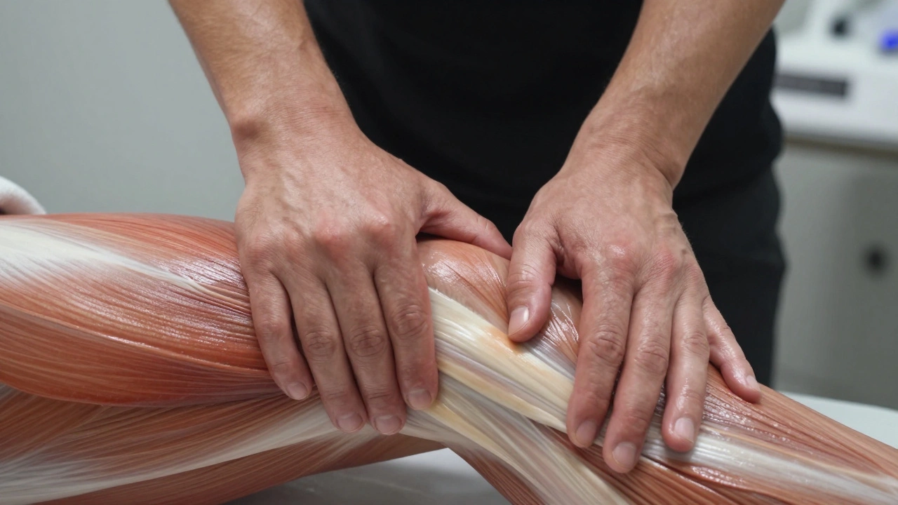 Mains d'un masseur appliquant une friction profonde sur un muscle de cuisse.