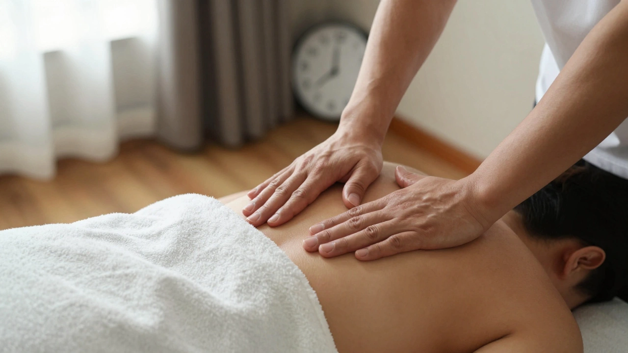 Mains de masseur travaillant sur les épaules d'une personne allongée, drapée avec soin.