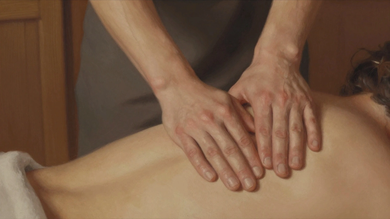 Mains de massothérapeute travaillant les épaules, fond flou, ambiance chaleureuse et apaisante.