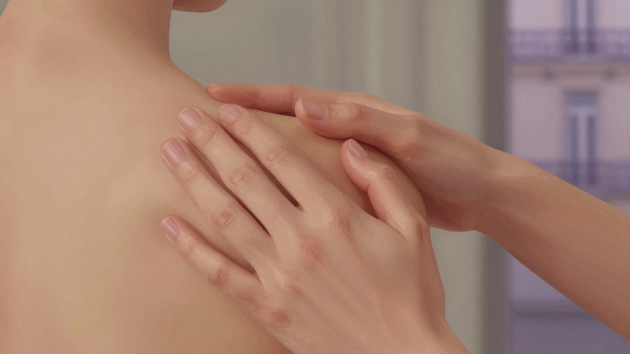 Mains en train de masser une épaule avec douceur, lumière tamisée, pas de visage, seul le geste compte.