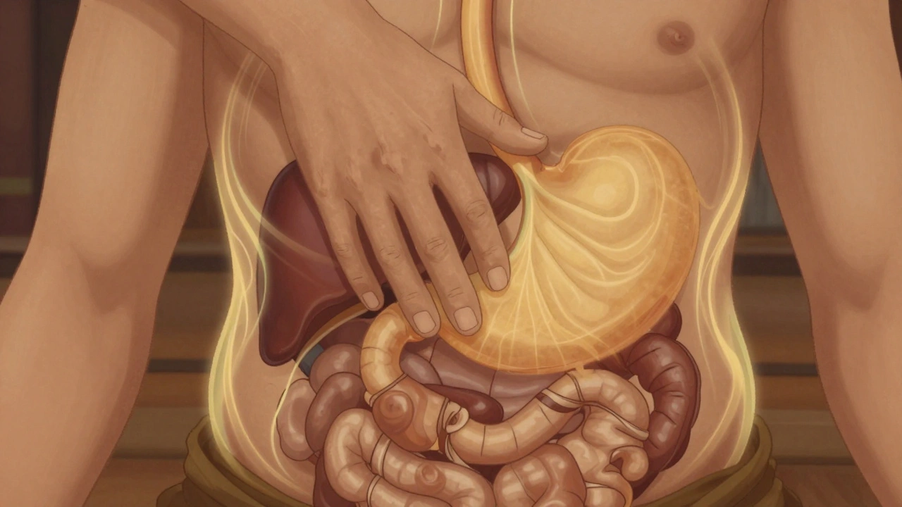 Mains exerçant une pression sur l'abdomen, avec des lignes énergétiques subtilement représentées en doré.