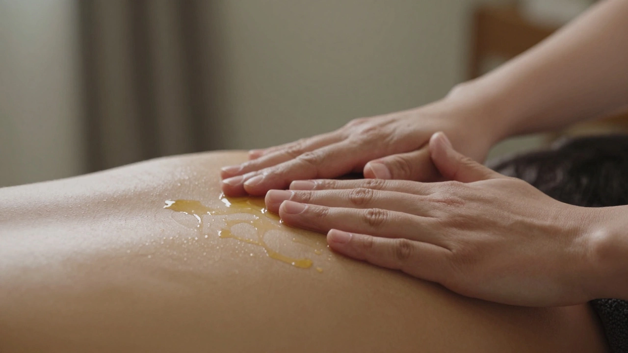 Mains massant doucement la nuque avec huile brillante, fond flou, transmission de calme et bien-être.