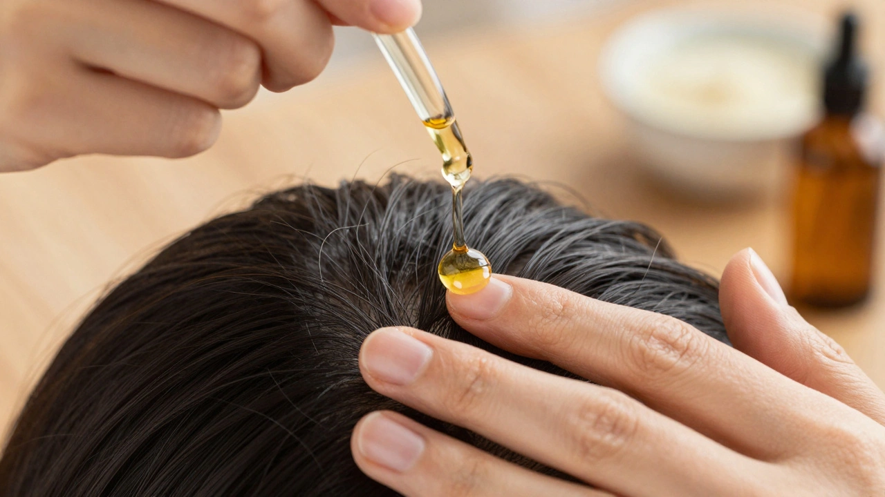 Mains massant doucement le cuir chevelu avec huile naturelle.