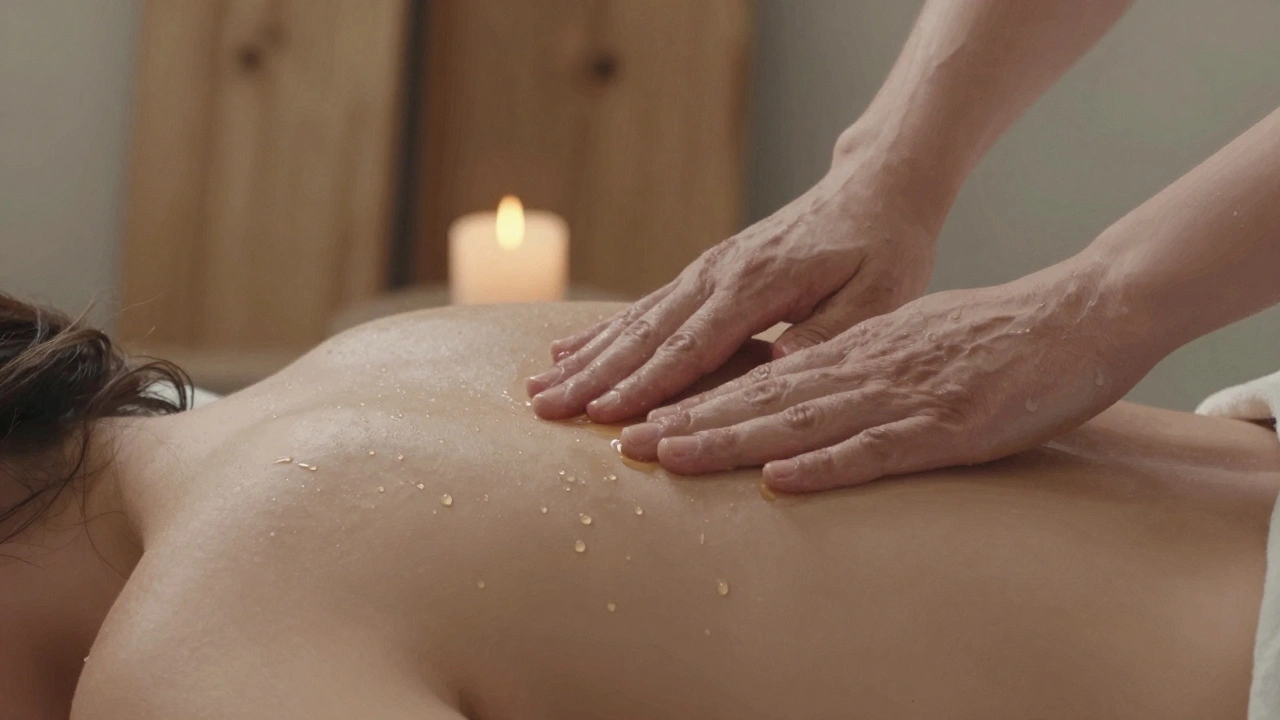 Mains massant doucement le dos avec de l’huile, ambiance chaleureuse et intime.