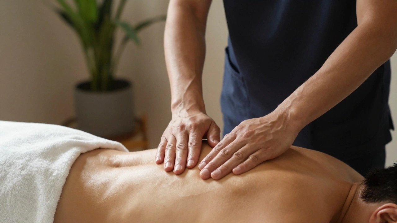 Masseur professionnel appliquant une pression douce sur l'épaule d'un client dans une pièce apaisante.