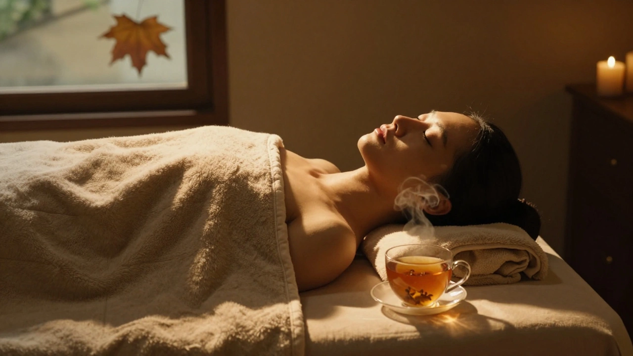 Personne allongée, les yeux fermés, couverte d'un plaid, une tisane à côté d'elle, lumière douce et feuille d'arbre à la fenêtre.