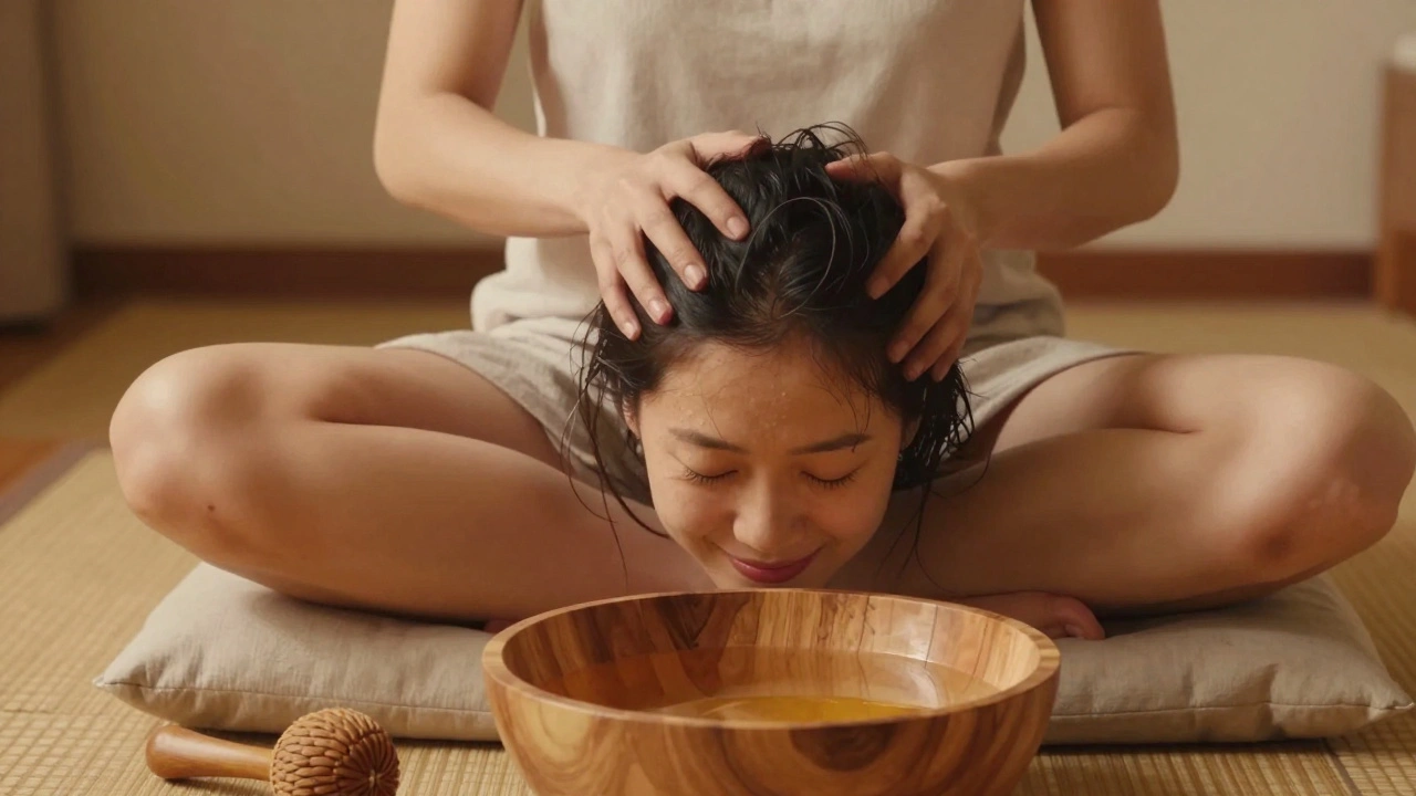 Personne se massant le cuir chevelu, yeux fermés, dans un moment de sérénité.