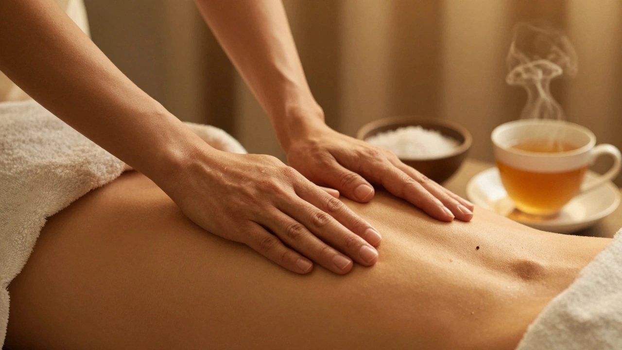 Plan rapproché de deux mains massant doucement les épaules et le dos, avec des sels de mer et une tisane en arrière-plan flou.