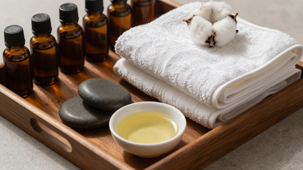 Plateau en bois avec des huiles essentielles, des serviettes et des pierres chaudes prêt à l'emploi.