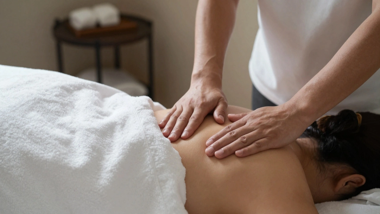 Praticien massant doucement les épaules d'un client, mains en mouvement apaisant, dans une pièce paisible.