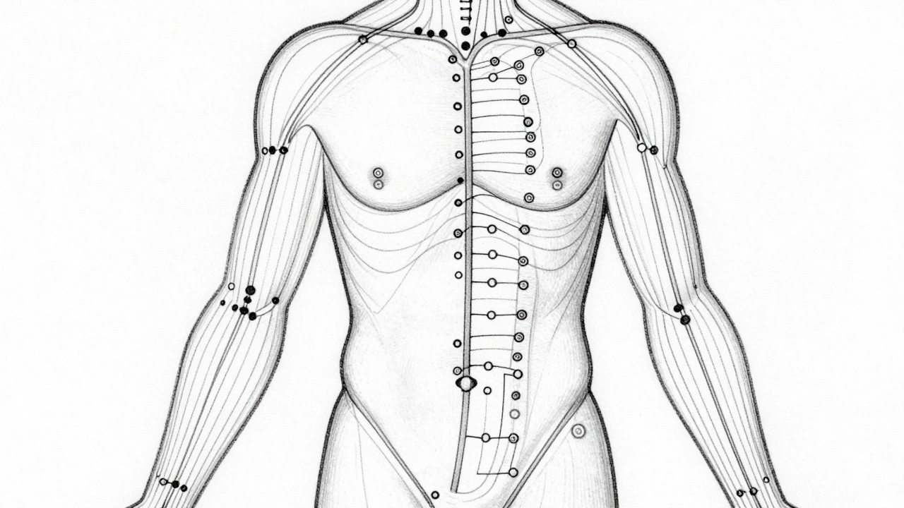 Schéma en noir et blanc des méridiens énergétiques du corps humain.