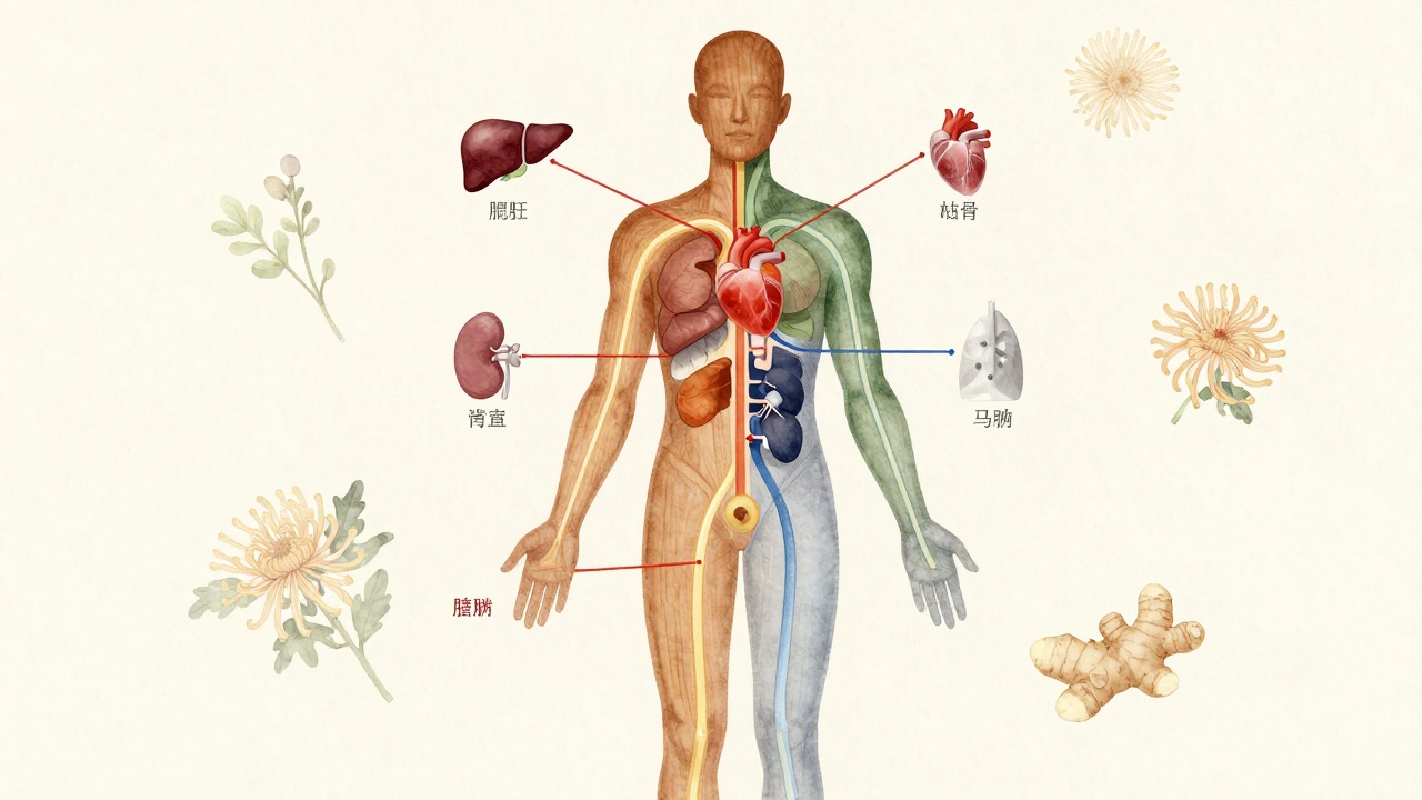 Schéma simplifié des méridiens principaux reliant les organes internes avec des couleurs douces.