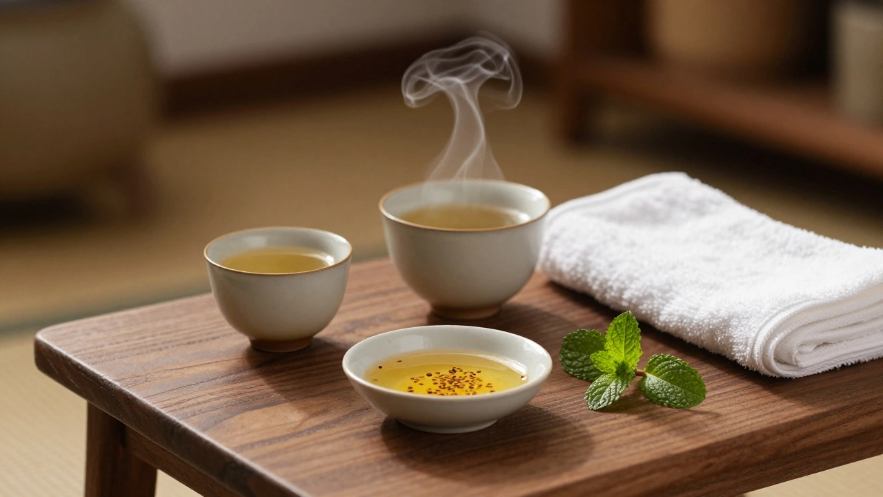 Tasse de thé à la citronnelle et bol d'huile de sésame sur une table en bois, avec une serviette pliée.