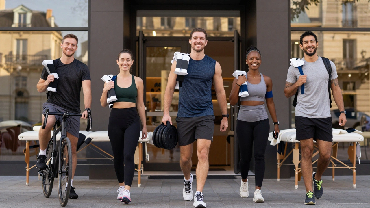 Trois sportifs sortent d'un centre de massage sportif avec des sacs de glace et des bandes de récupération.