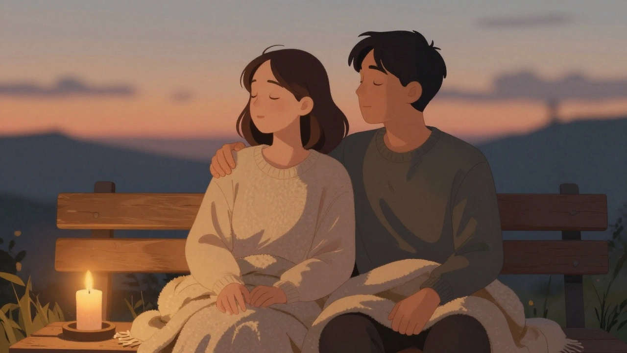 Un couple assis côte à côte, une main sur l'épaule, en silence, dans une ambiance apaisante.