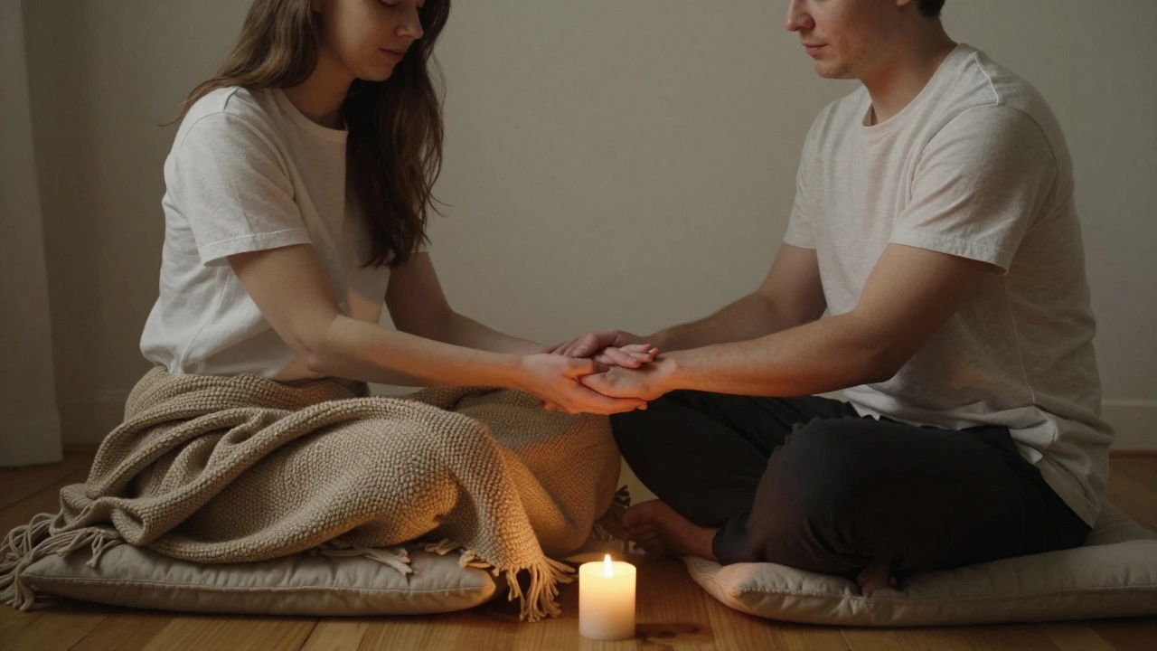 Un couple s'offre un massage léger des mains dans un espace calme.