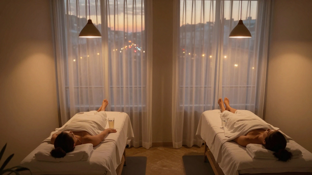 Vue aérienne d'un centre de bien-être à Paris, avec deux salles de massage et une ambiance apaisante au crépuscule.